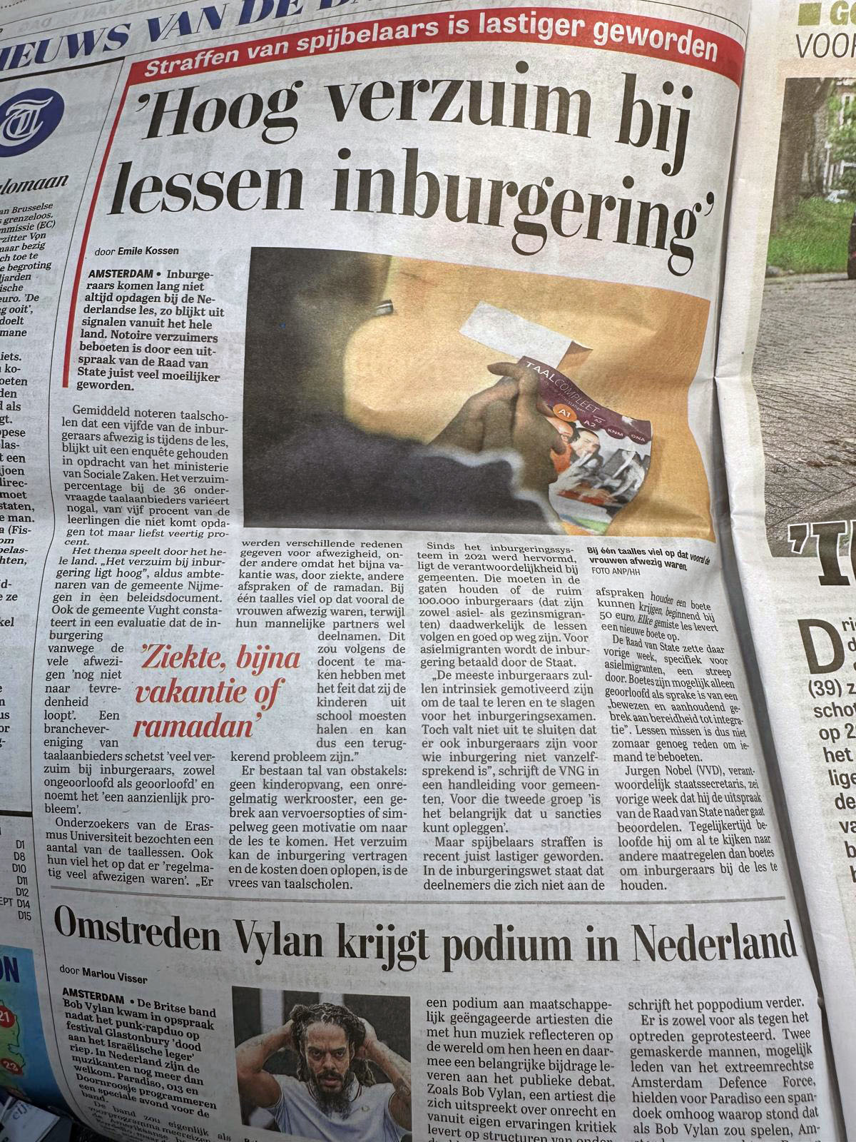 nieuwsbericht hoog verzuim lessen inburgering telegraaf